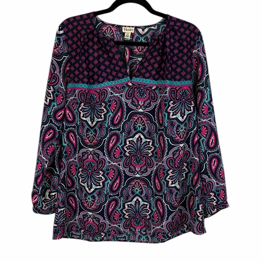 Hatley Paisley Print Blouse Navy Pink Teal 3/4 Sleeve Top Size Medium